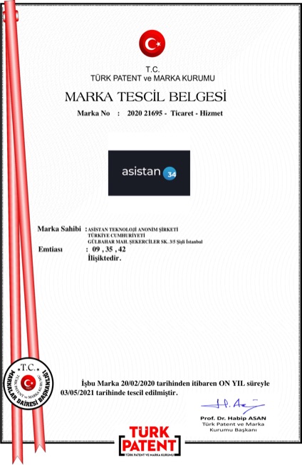 Asistan34 marka tescil belgesi, TÜRKPATENT No: 2020/21695, marka sahibi Asistan Teknoloji A.Ş.